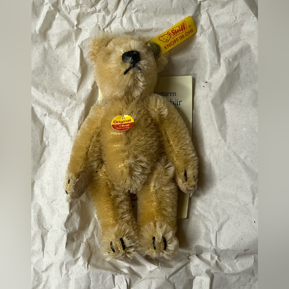 Vintage Steiff Miniature 1909 Teddy Bear Brass Mohair Jointed 3.5” 039010 1998